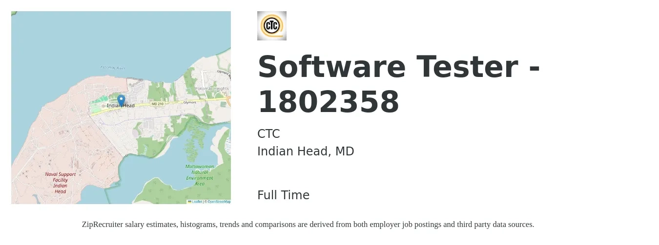 CTC job posting for a Software Tester - 1802358 in Indian Head, MD with a salary of $37 to $58 Hourly with a map of Indian Head location.