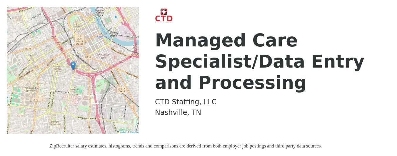 CTD Staffing, LLC job posting for a Managed Care Specialist/Data Entry and Processing in Nashville, TN with a salary of $18 Hourly with a map of Nashville location.