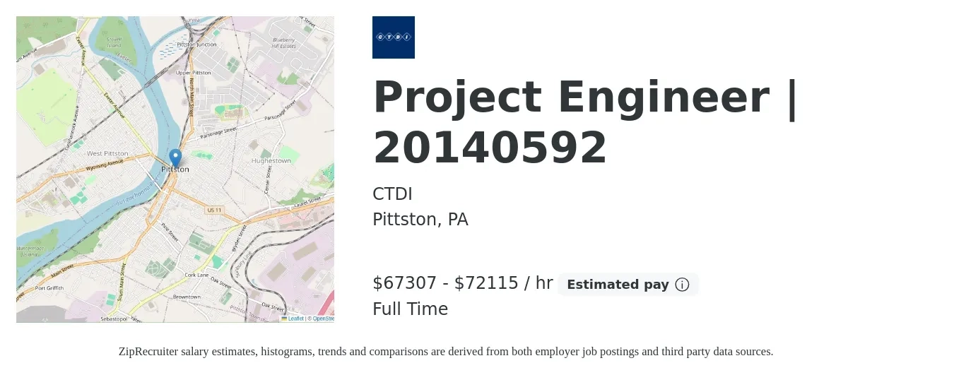 CTDI job posting for a Project Engineer | 20140592 in Pittston, PA with a salary of $70,000 to $75,000 Hourly with a map of Pittston location.