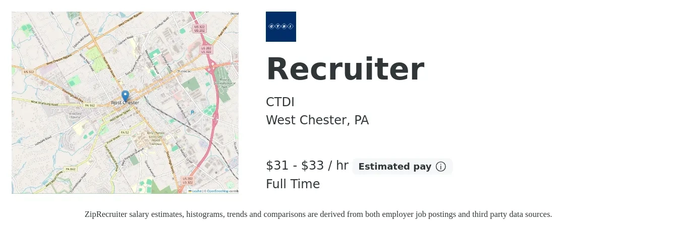 CTDI job posting for a Recruiter in West Chester, PA with a salary of $33 to $35 Hourly with a map of West Chester location.
