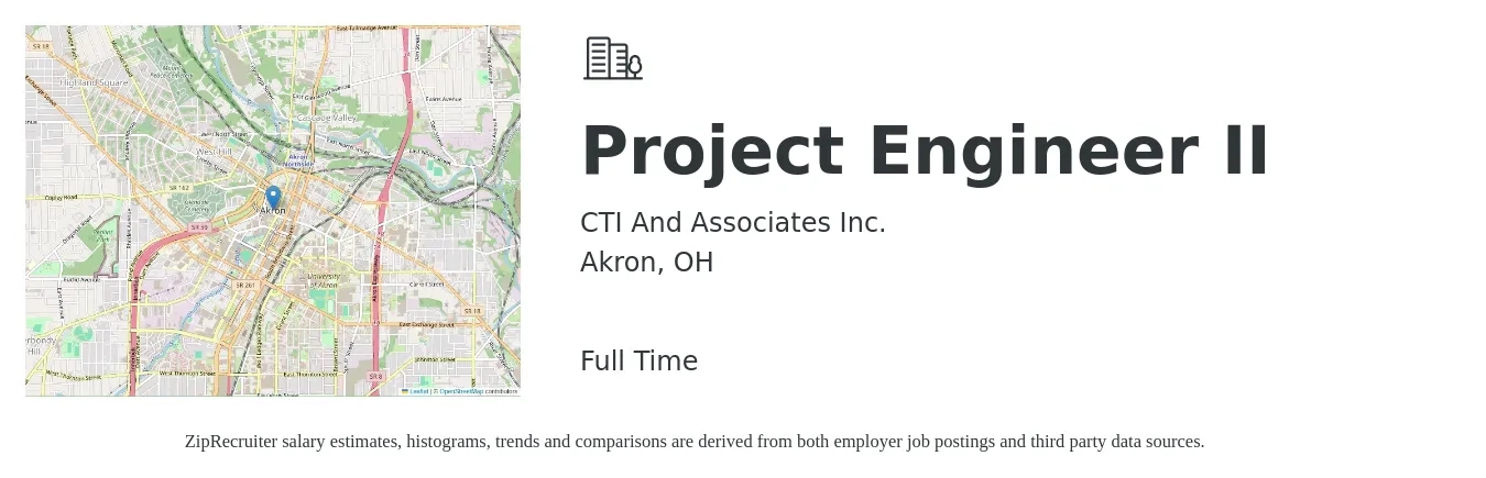 CTI And Associates Inc. job posting for a Project Engineer II in Akron, OH with a salary of $70,800 to $99,000 Yearly with a map of Akron location.