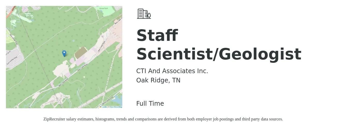 CTI And Associates Inc. job posting for a Staff Scientist/Geologist in Oak Ridge, TN with a salary of $48,600 to $80,700 Yearly with a map of Oak Ridge location.