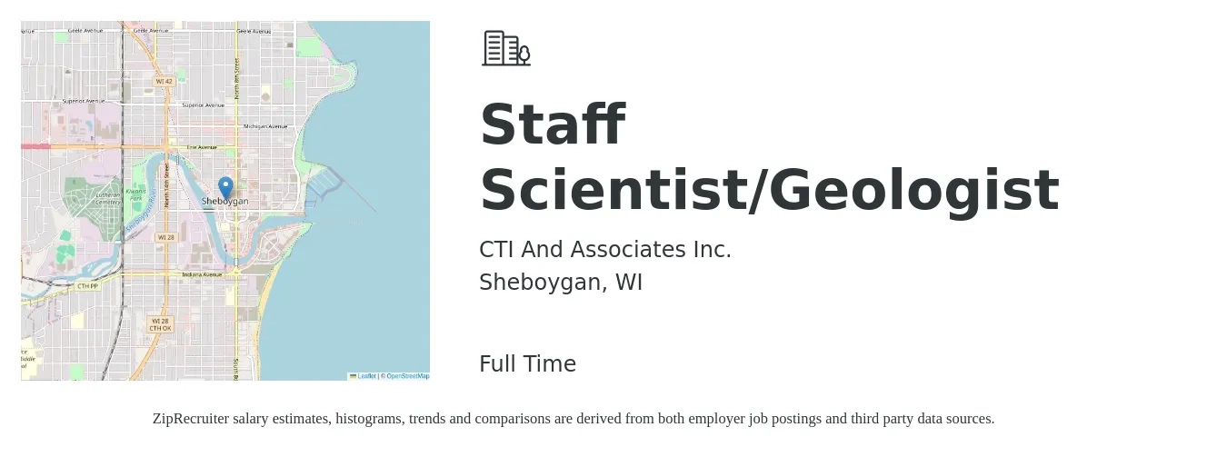 CTI And Associates Inc. job posting for a Staff Scientist/Geologist in Sheboygan, WI with a salary of $56,700 to $94,200 Yearly with a map of Sheboygan location.