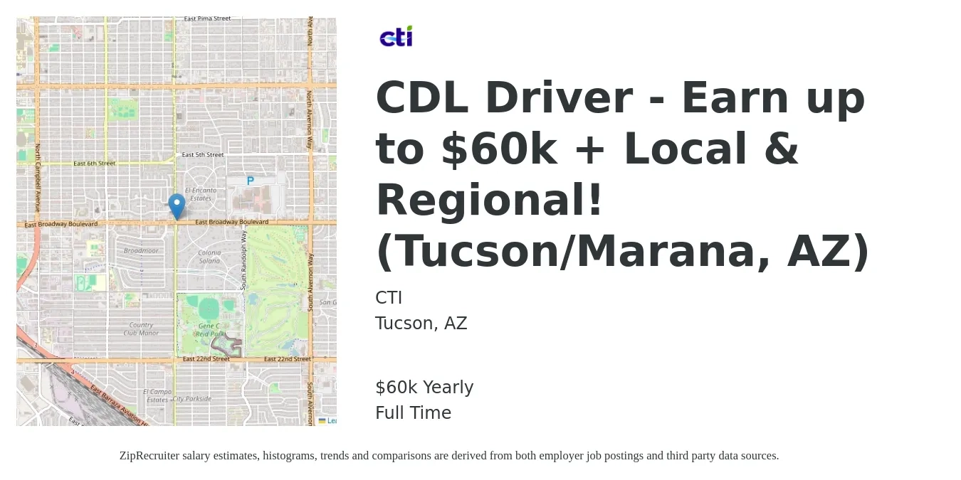 CTI, Inc. job posting for a CDL Driver - Earn up to $60k + Local & Regional! (Tucson/Marana, AZ) in Tucson, AZ with a salary of $60,000 Yearly with a map of Tucson location.