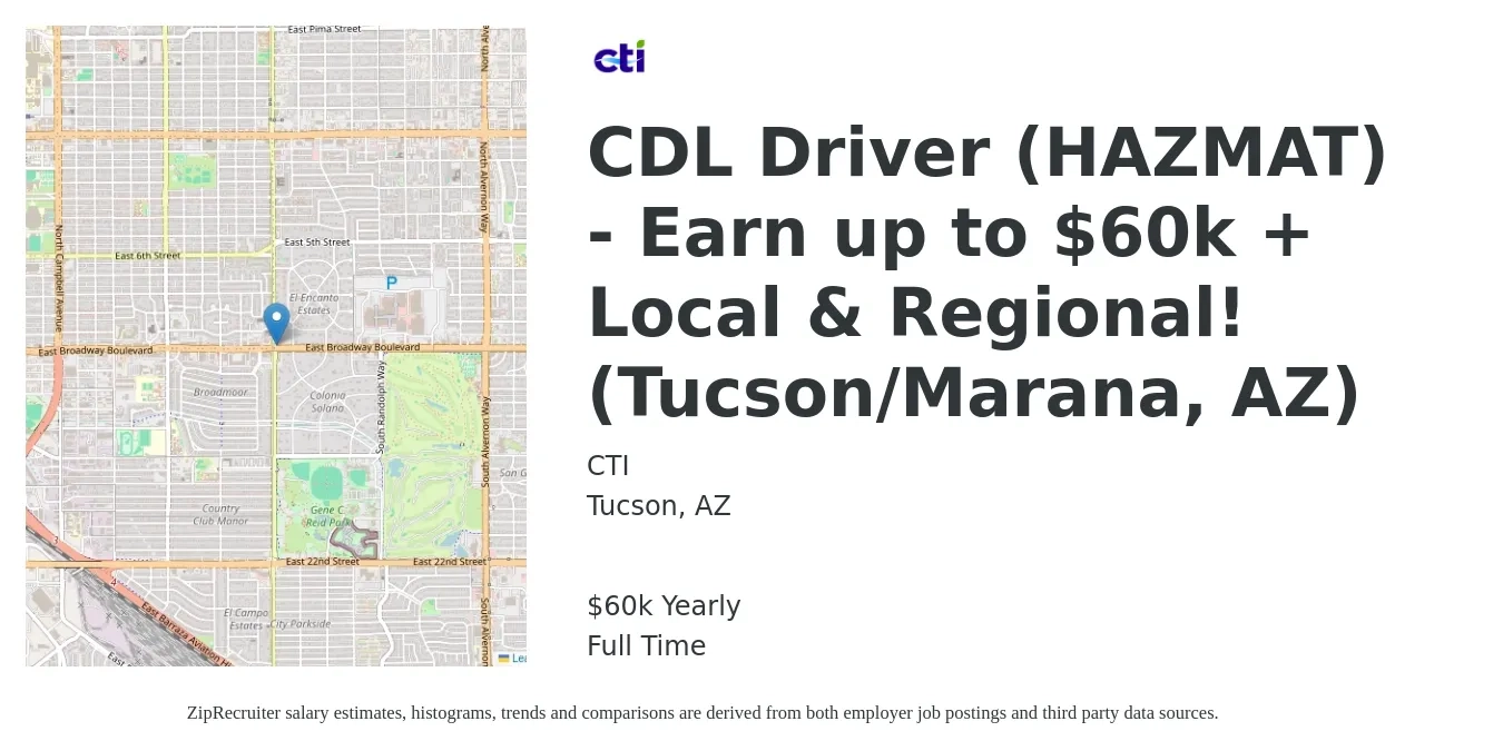 CTI job posting for a CDL Driver (HAZMAT) - Earn up to $60k + Local & Regional! (Tucson/Marana, AZ) in Tucson, AZ with a salary of $60,000 Yearly with a map of Tucson location.