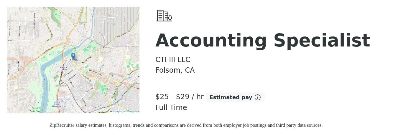 CTI III LLC job posting for a Accounting Specialist in Folsom, CA with a salary of $26 to $31 Hourly with a map of Folsom location.