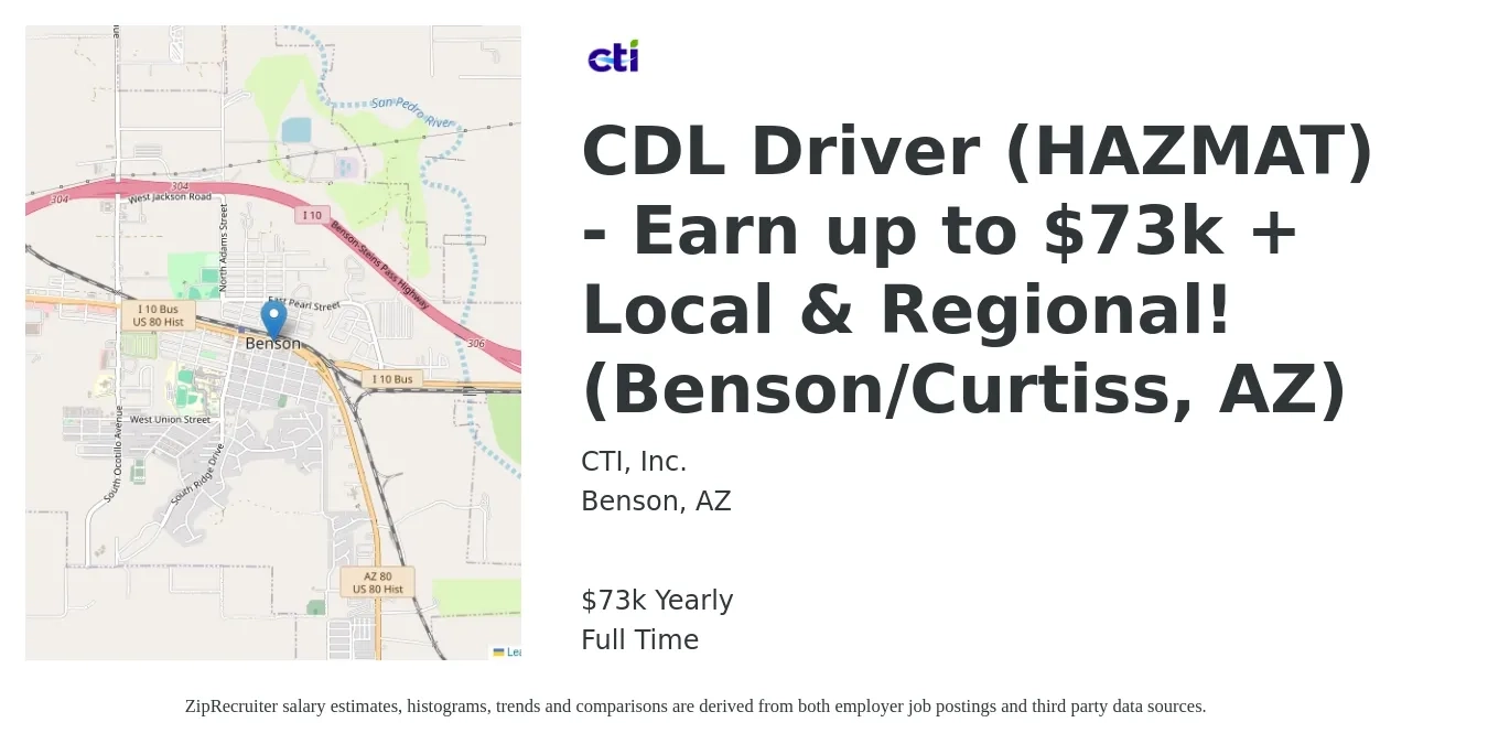 CTI, Inc. job posting for a CDL Driver (HAZMAT) - Earn up to $73k + Local & Regional! (Benson/Curtiss, AZ) in Benson, AZ with a salary of $73,000 Yearly with a map of Benson location.