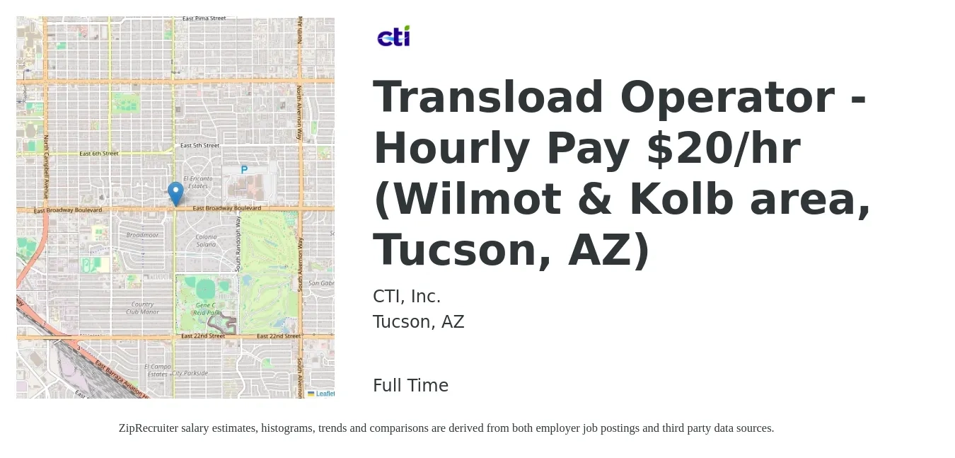 CTI, Inc. job posting for a Transload Operator - Hourly Pay $20/hr (Wilmot & Kolb area, Tucson, AZ) in Tucson, AZ with a salary of $20 Hourly with a map of Tucson location.