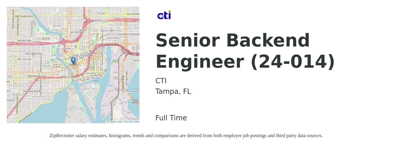 CTI job posting for a Senior Backend Engineer (24-014) in Tampa, FL with a salary of $117,200 to $162,500 Yearly with a map of Tampa location.
