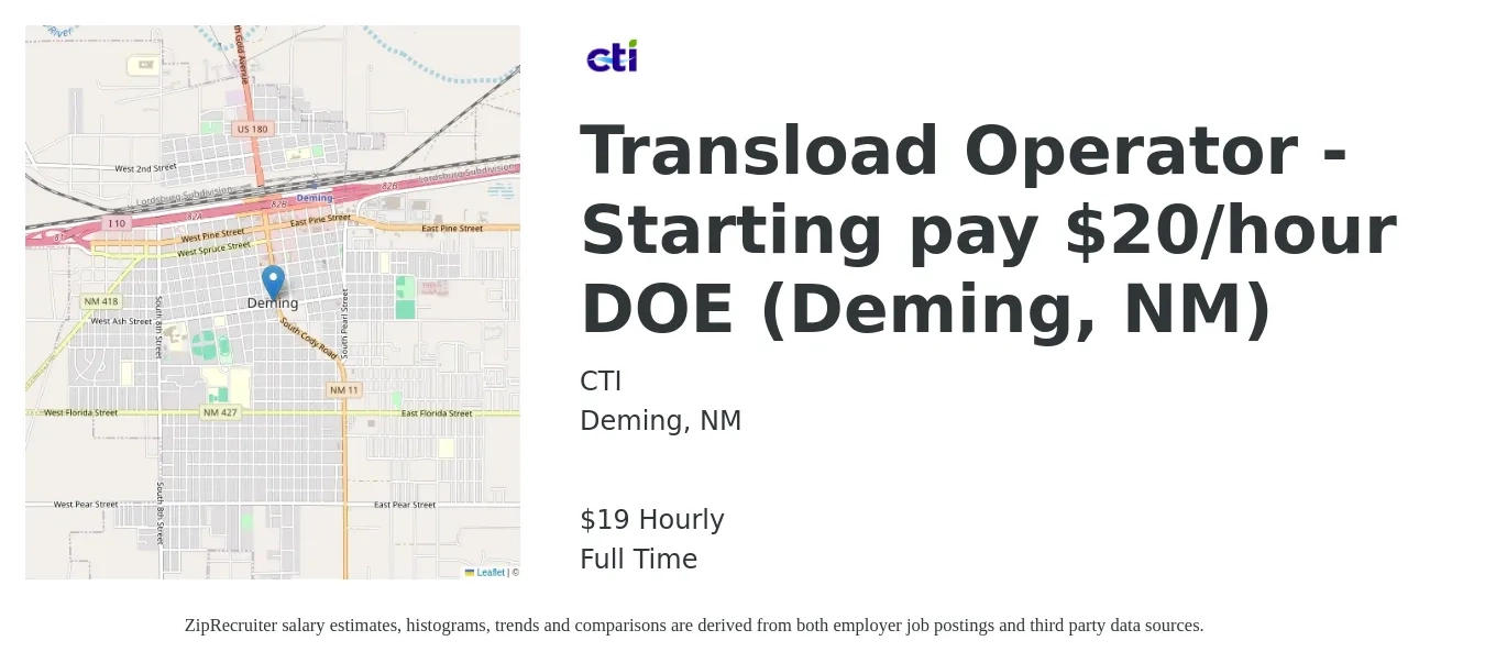 CTI, Inc. job posting for a Transload Operator - Starting pay $20/hour DOE (Deming, NM) in Deming, NM with a salary of $20 Hourly with a map of Deming location.