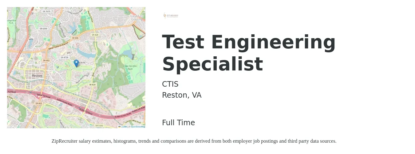 CTIS job posting for a Test Engineering Specialist in Reston, VA with a salary of $20 to $51 Hourly with a map of Reston location.