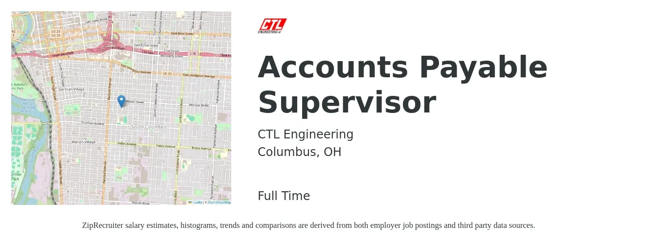 CTL Engineering job posting for a Accounts Payable Supervisor in Columbus, OH with a salary of $63,300 to $86,900 Yearly with a map of Columbus location.