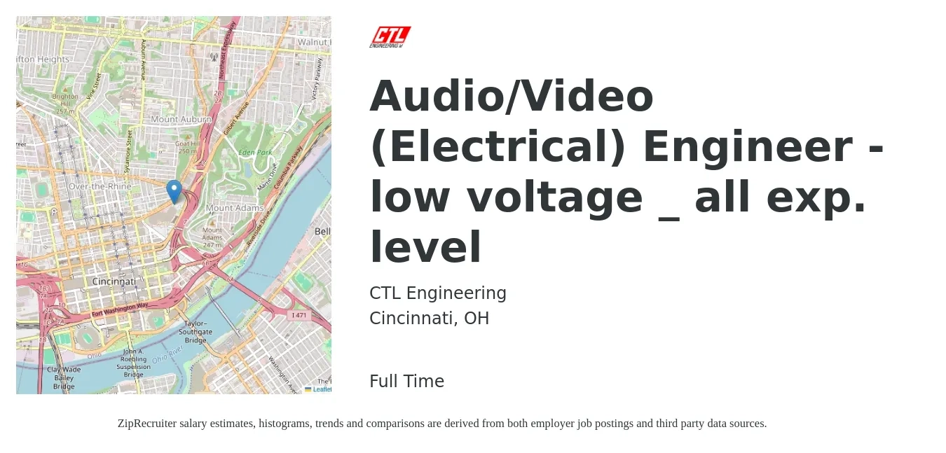 CTL Engineering job posting for a Audio/Video (Electrical) Engineer - low voltage _ all exp. level in Cincinnati, OH with a salary of $79,700 to $126,800 Yearly with a map of Cincinnati location.