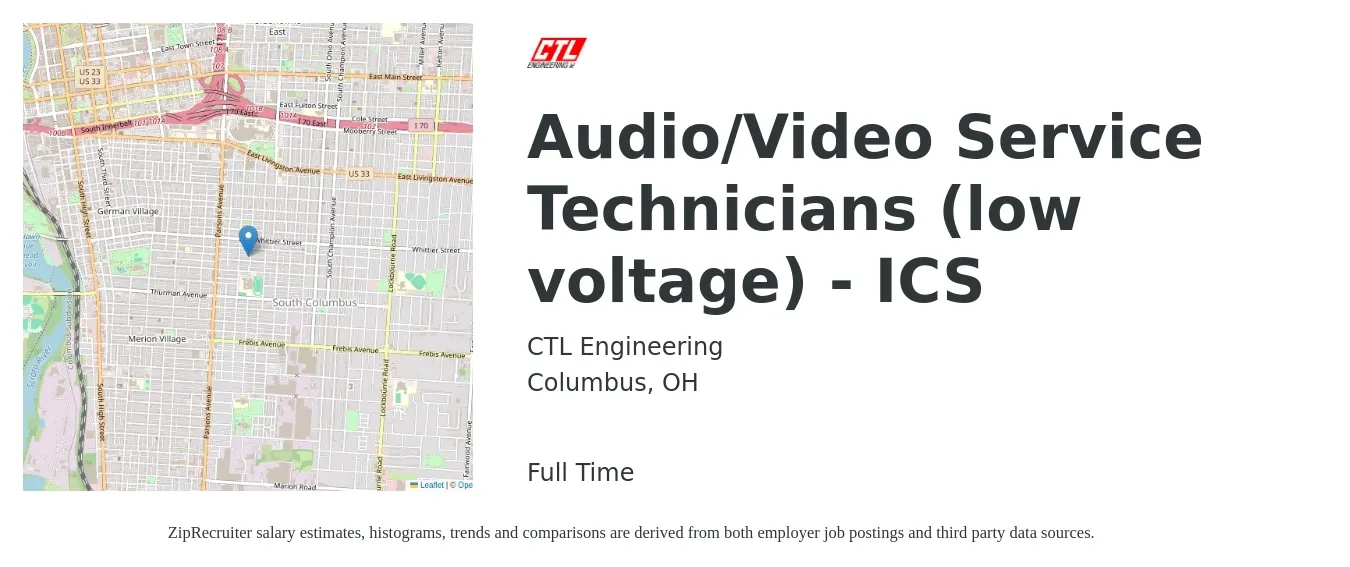 CTL Engineering job posting for a Audio/Video Service Technicians (low voltage) - ICS in Columbus, OH with a salary of $20 to $27 Hourly with a map of Columbus location.