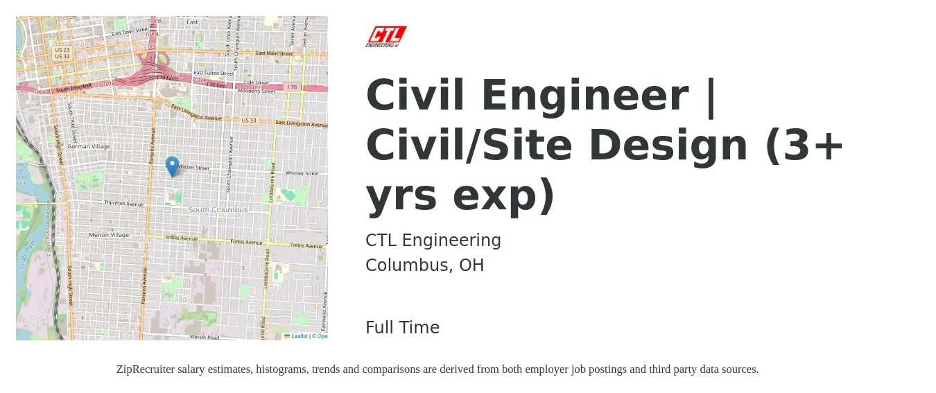 CTL Engineering job posting for a Civil Engineer | Civil/Site Design (3+ yrs exp) in Columbus, OH with a salary of $65,200 to $95,100 Yearly with a map of Columbus location.