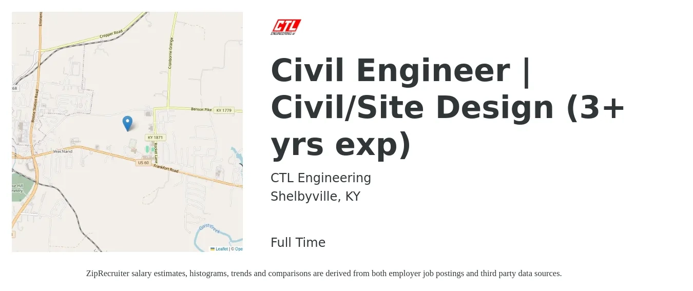 CTL Engineering job posting for a Civil Engineer | Civil/Site Design (3+ yrs exp) in Shelbyville, KY with a salary of $62,700 to $91,400 Yearly with a map of Shelbyville location.