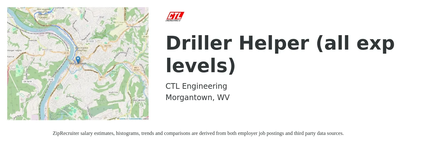 CTL Engineering job posting for a Driller Helper (all exp levels) in Morgantown, WV with a salary of $18 to $25 Hourly with a map of Morgantown location.