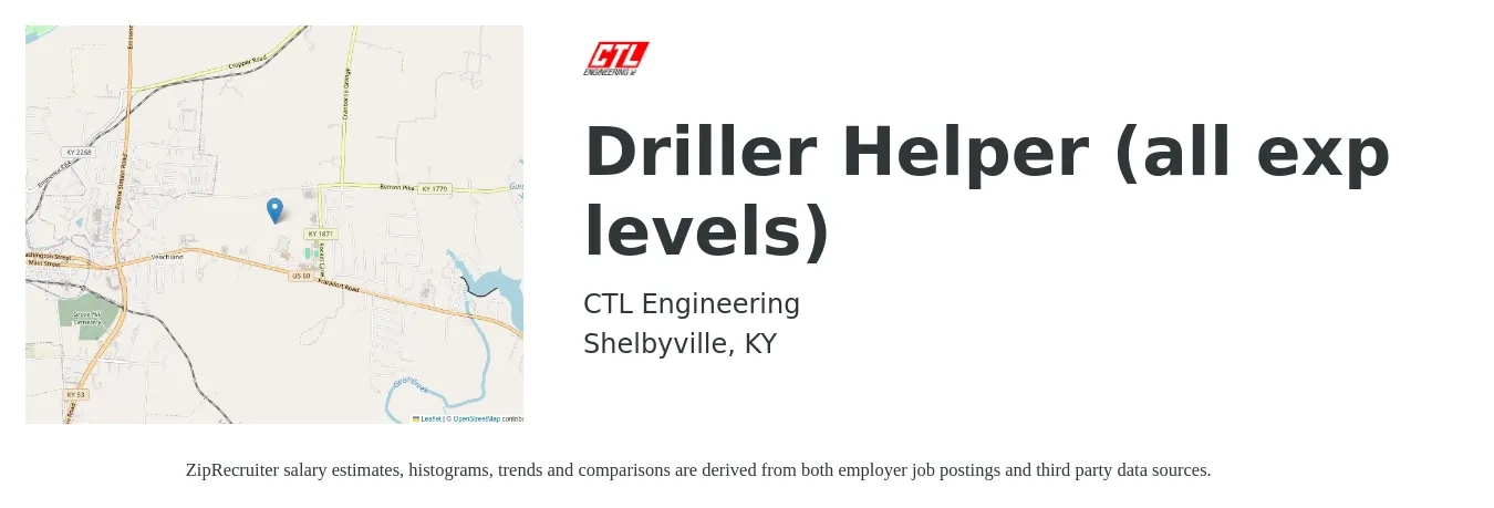 CTL Engineering job posting for a Driller Helper (all exp levels) in Shelbyville, KY with a salary of $17 to $22 Hourly with a map of Shelbyville location.