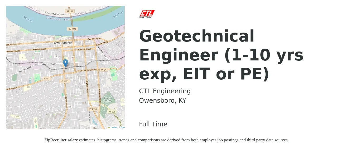 CTL Engineering job posting for a Geotechnical Engineer (1-10 yrs exp, EIT or PE) in Owensboro, KY with a salary of $59,500 to $91,400 Yearly with a map of Owensboro location.