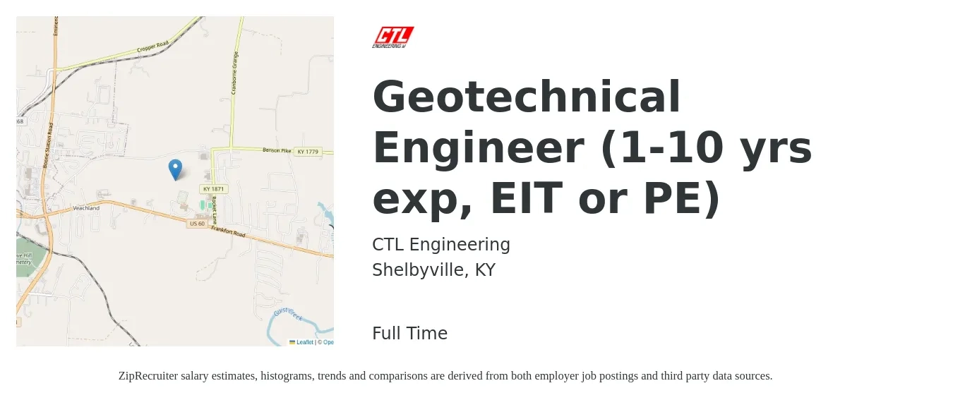 CTL Engineering job posting for a Geotechnical Engineer (1-10 yrs exp, EIT or PE) in Shelbyville, KY with a salary of $65,900 to $101,200 Yearly with a map of Shelbyville location.