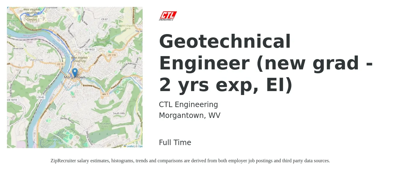 CTL Engineering job posting for a Geotechnical Engineer (new grad - 2 yrs exp, EI) in Morgantown, WV with a salary of $73,100 to $112,200 Yearly with a map of Morgantown location.