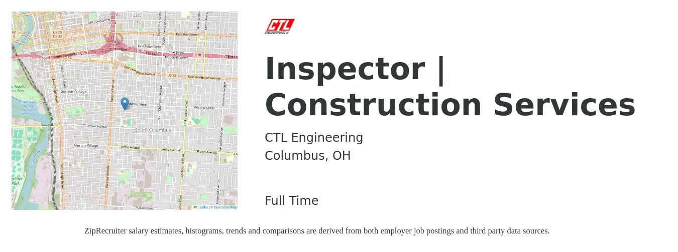 CTL Engineering job posting for a Inspector | Construction Services in Columbus, OH with a map of Columbus location.