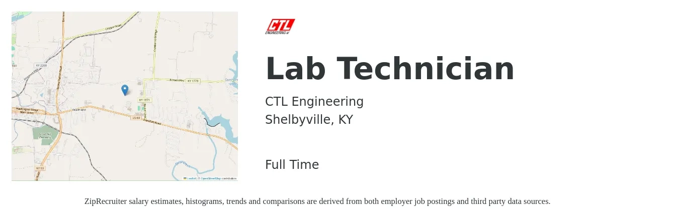 CTL Engineering job posting for a Lab Technician in Shelbyville, KY with a salary of $18 to $24 Hourly with a map of Shelbyville location.