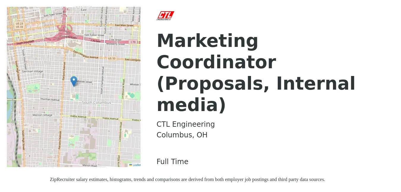 CTL Engineering job posting for a Marketing Coordinator (Proposals, Internal media) in Columbus, OH with a salary of $41,000 to $56,500 Yearly with a map of Columbus location.
