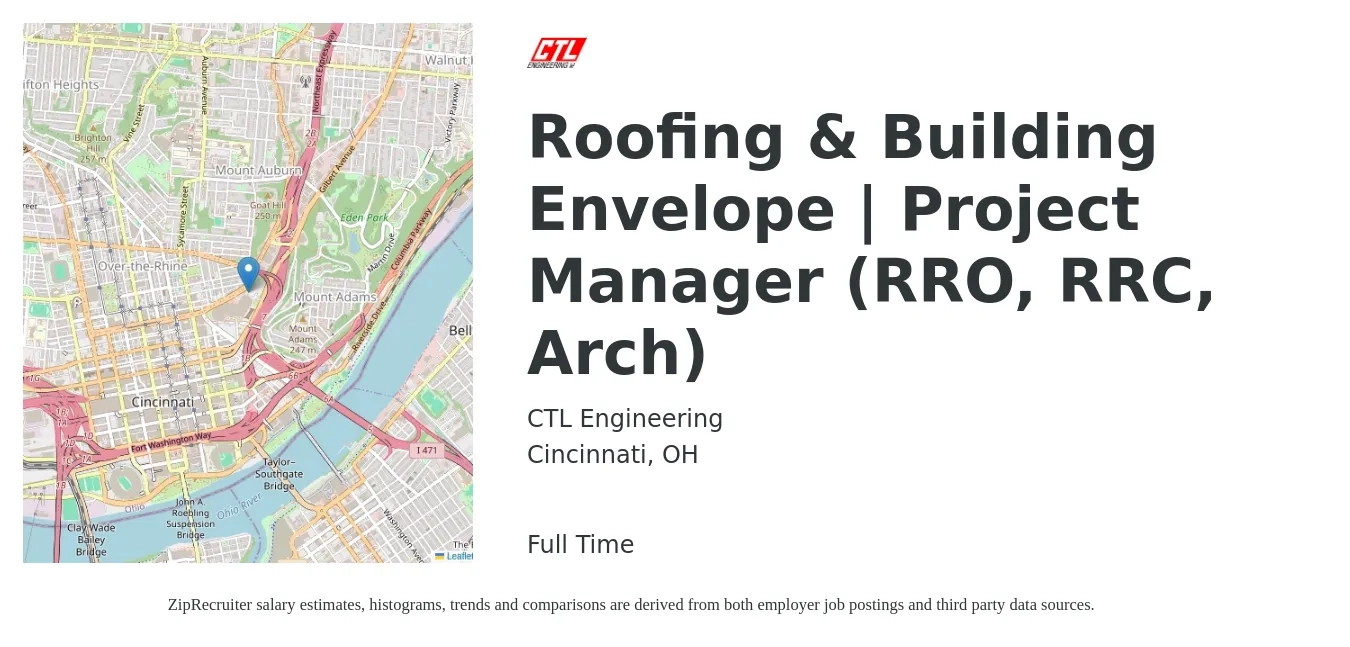 CTL Engineering job posting for a Roofing & Building Envelope | Project Manager (RRO, RRC, Arch) in Cincinnati, OH with a salary of $57,100 to $82,600 Yearly with a map of Cincinnati location.