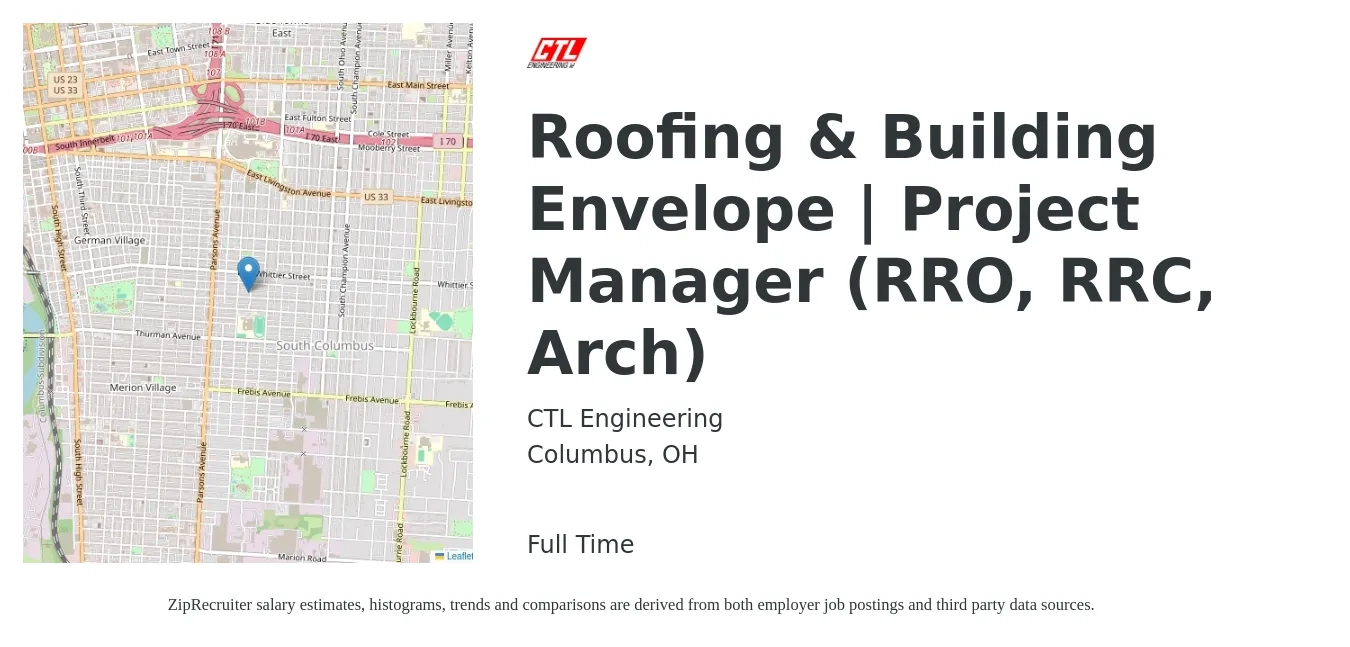 CTL Engineering job posting for a Roofing & Building Envelope | Project Manager (RRO, RRC, Arch) in Columbus, OH with a salary of $57,500 to $83,100 Yearly with a map of Columbus location.