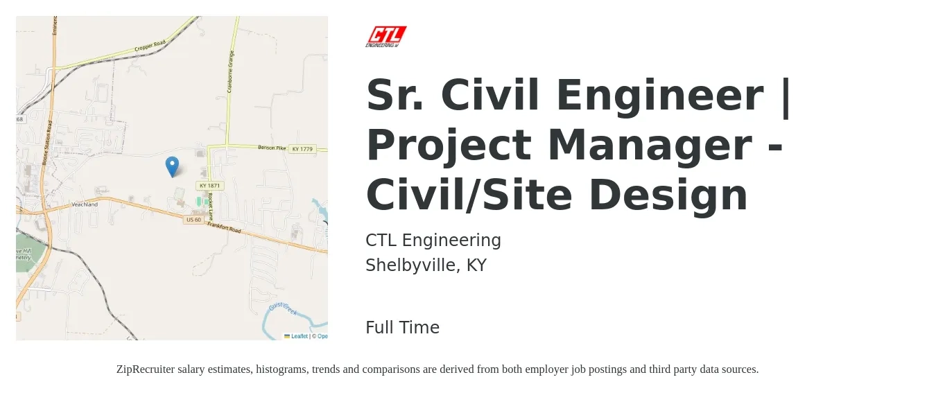 CTL Engineering job posting for a Sr. Civil Engineer | Project Manager - Civil/Site Design in Shelbyville, KY with a salary of $78,900 to $105,400 Yearly with a map of Shelbyville location.