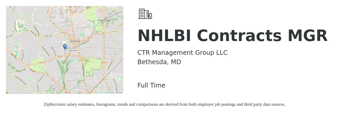 CTR Management Group LLC job posting for a NHLBI Contracts MGR in Bethesda, MD with a salary of $95,300 to $127,400 Yearly with a map of Bethesda location.