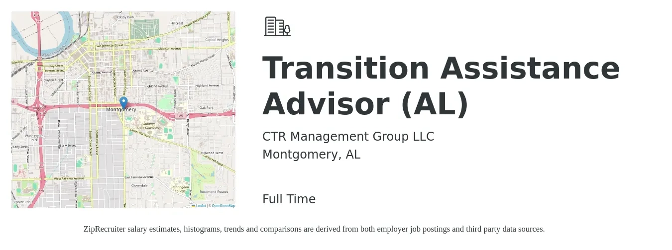 CTR Management Group LLC job posting for a Transition Assistance Advisor (AL) in Montgomery, AL with a salary of $16 to $26 Hourly with a map of Montgomery location.