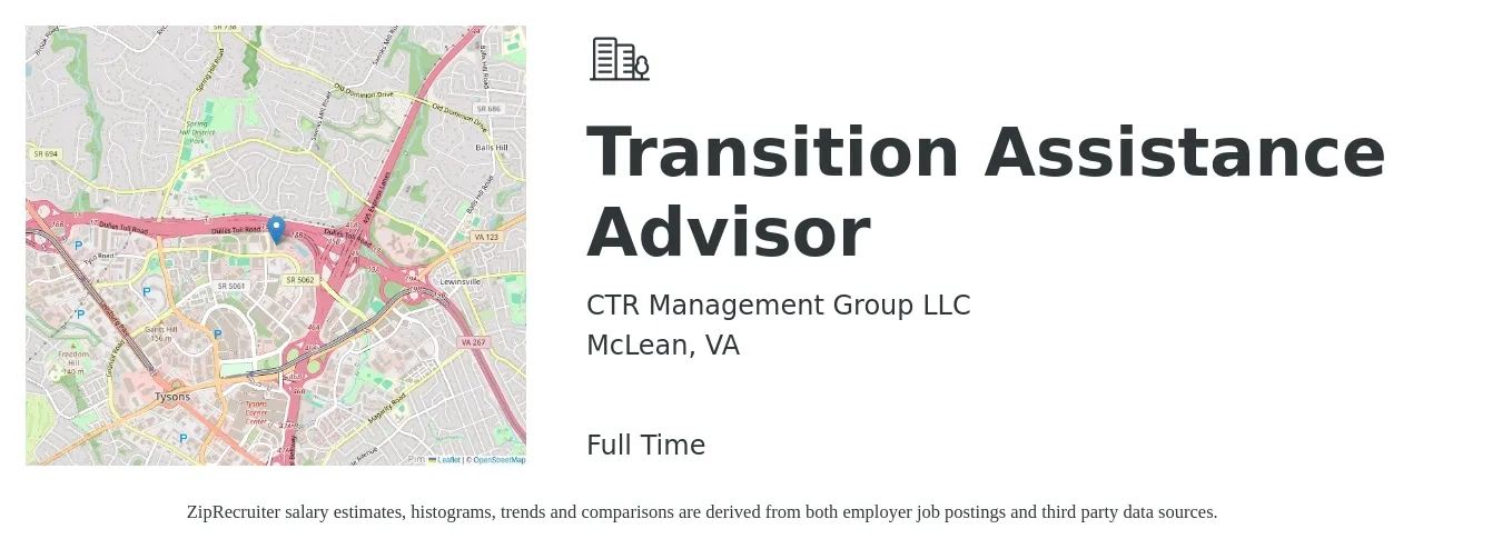CTR Management Group LLC job posting for a Transition Assistance Advisor in McLean, VA with a salary of $21 to $28 Hourly with a map of McLean location.