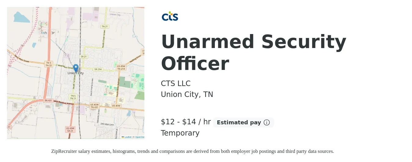 CTS LLC job posting for a Unarmed Security Officer in Union City, TN with a salary of $13 to $15 Hourly with a map of Union City location.