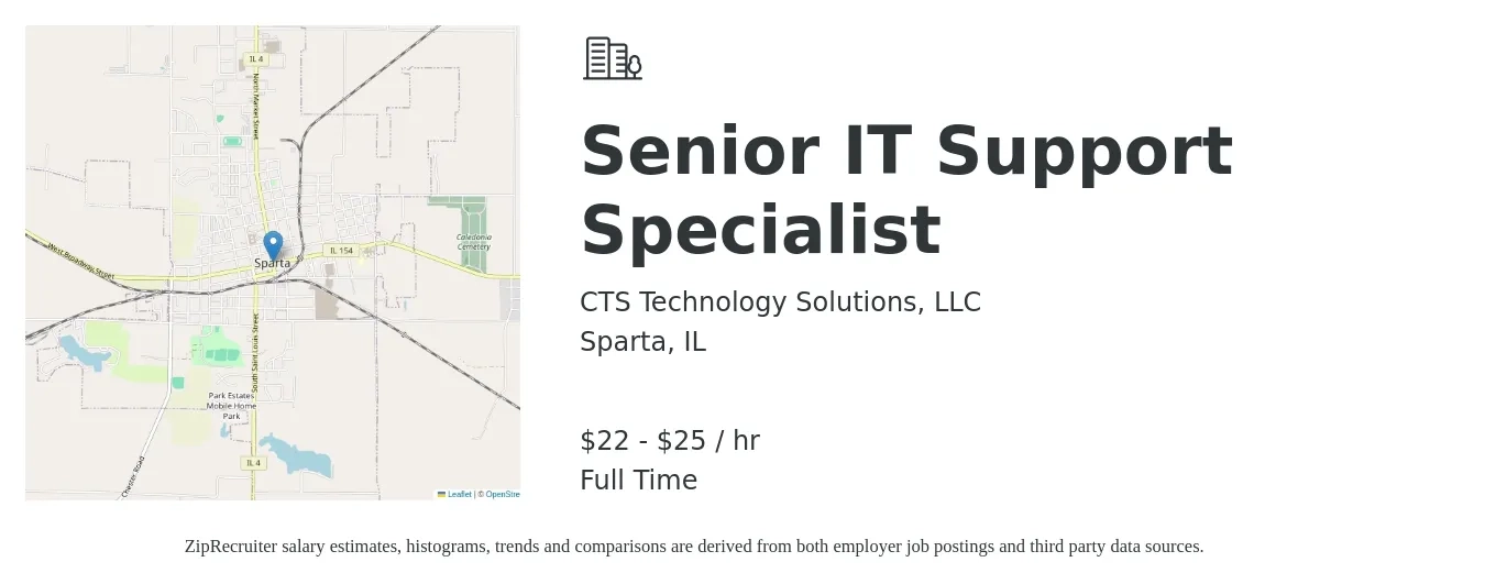CTS Technology Solutions, LLC job posting for a Senior IT Support Specialist in Sparta, IL with a salary of $23 to $27 Hourly with a map of Sparta location.