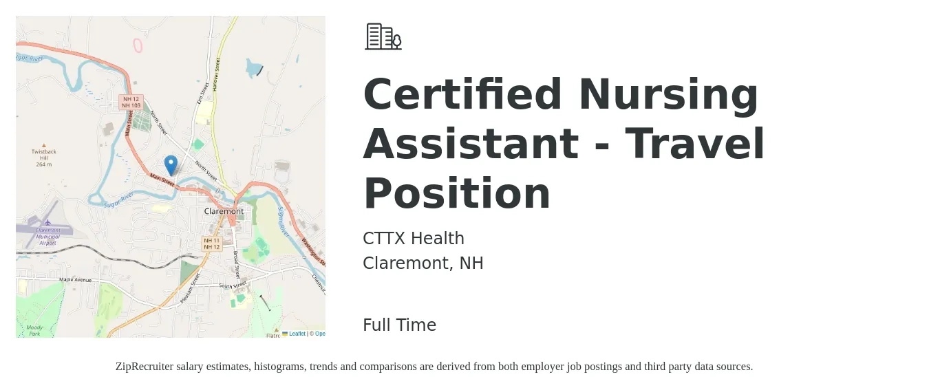 CTTX Health job posting for a Certified Nursing Assistant - Travel Position in Claremont, NH with a salary of $29 Hourly with a map of Claremont location.