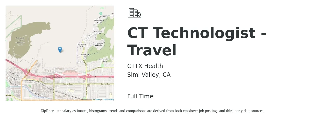 CTTX Health job posting for a CT Technologist - Travel in Simi Valley, CA with a salary of $2,050 to $2,880 Weekly with a map of Simi Valley location.