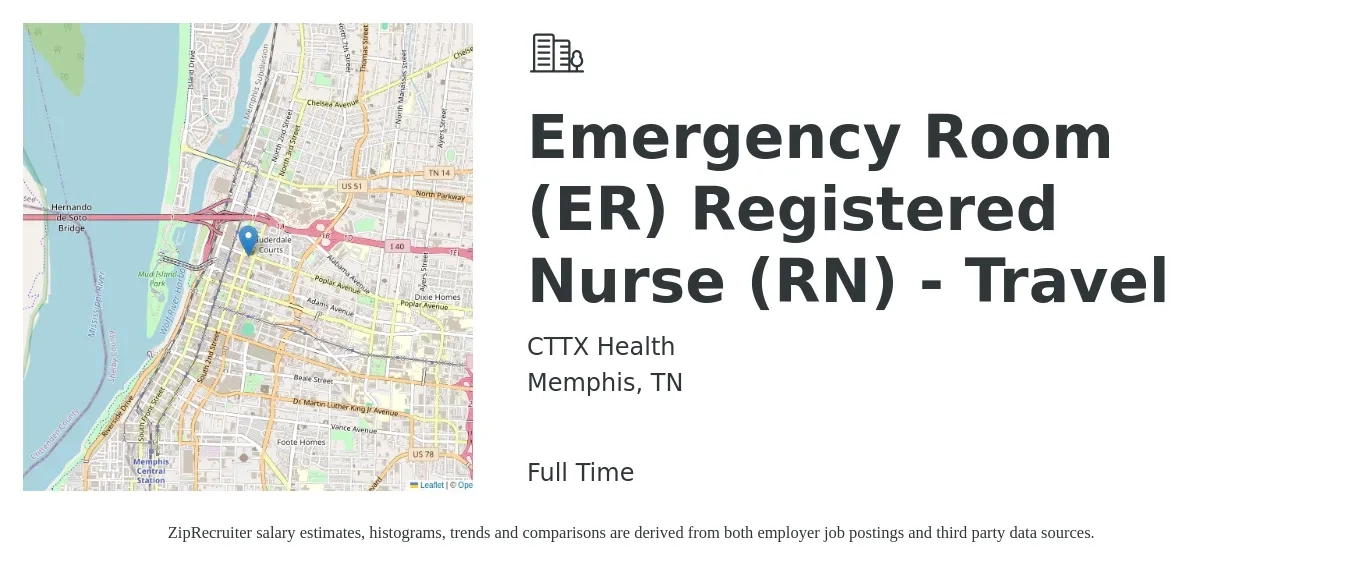 CTTX Health job posting for a Emergency Room (ER) Registered Nurse (RN) - Travel in Memphis, TN with a salary of $1,920 to $2,730 Weekly with a map of Memphis location.