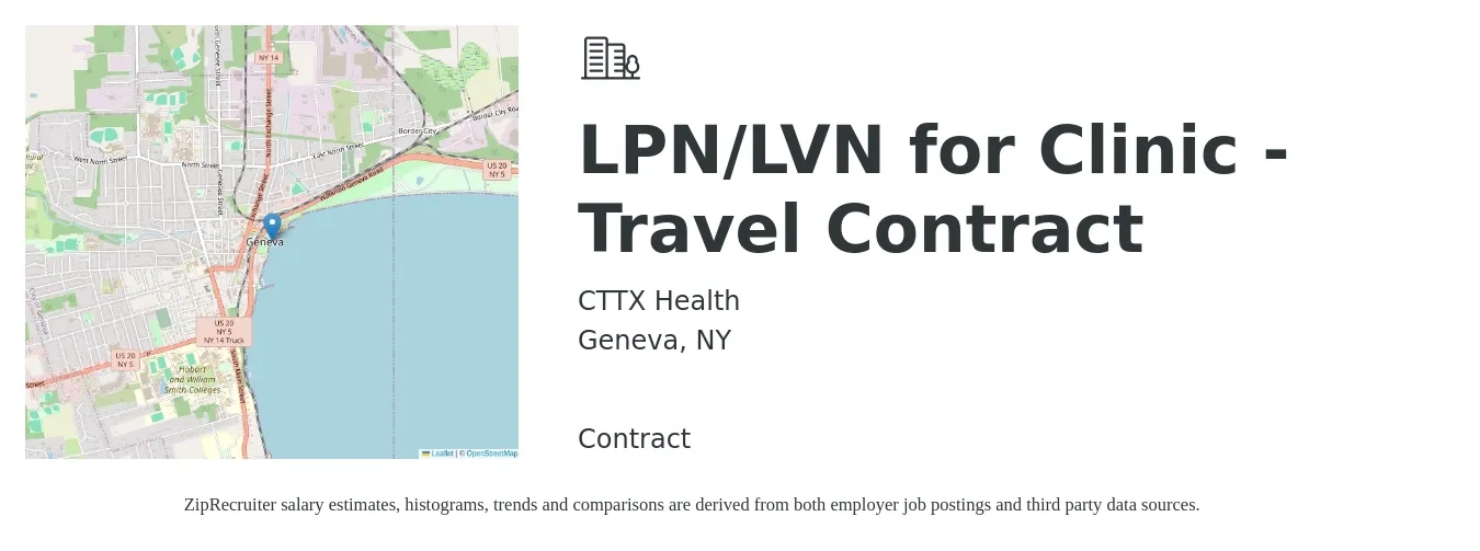 CTTX Health job posting for a LPN/LVN for Clinic - Travel Contract in Geneva, NY with a salary of $1,556 Weekly with a map of Geneva location.