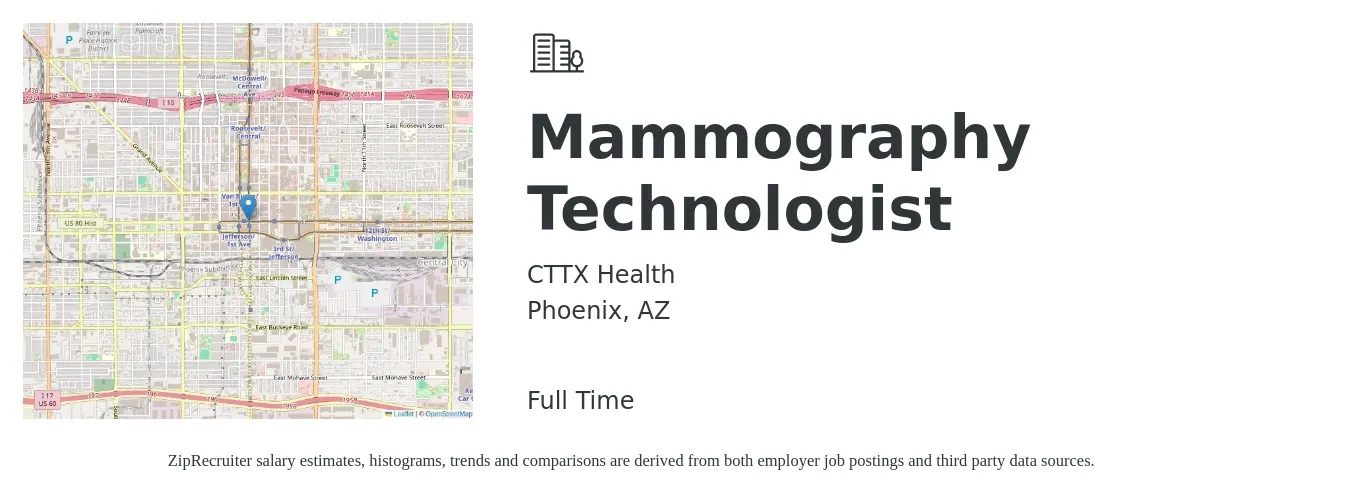 CTTX Health job posting for a Mammography Technologist in Phoenix, AZ with a salary of $30 to $55 Hourly with a map of Phoenix location.