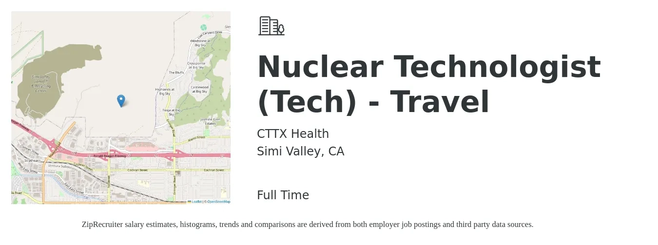 CTTX Health job posting for a Nuclear Technologist (Tech) - Travel in Simi Valley, CA with a salary of $42 to $67 Hourly with a map of Simi Valley location.