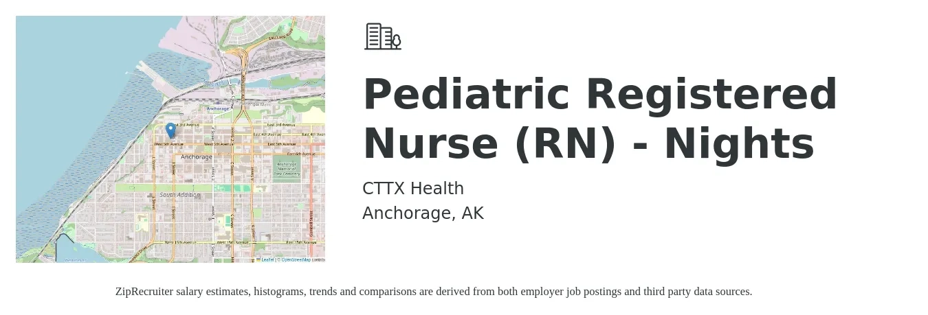 CTTX Health job posting for a Pediatric Registered Nurse (RN) - Nights in Anchorage, AK with a salary of $1,510 to $2,780 Weekly with a map of Anchorage location.