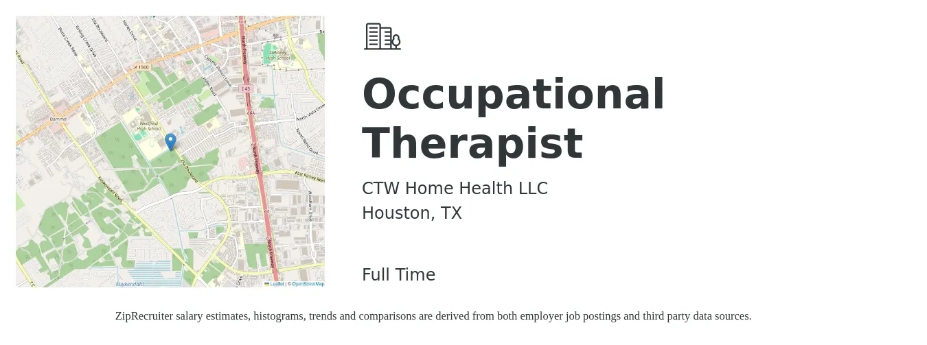 CTW Home Health LLC job posting for a Occupational Therapist in Houston, TX with a salary of $36 to $48 Hourly with a map of Houston location.