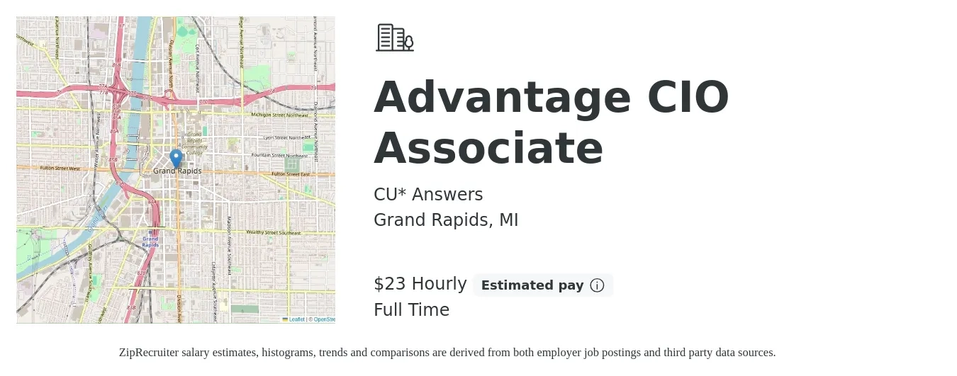 CU* Answers job posting for a Advantage CIO Associate in Grand Rapids, MI with a salary of $24 Hourly with a map of Grand Rapids location.