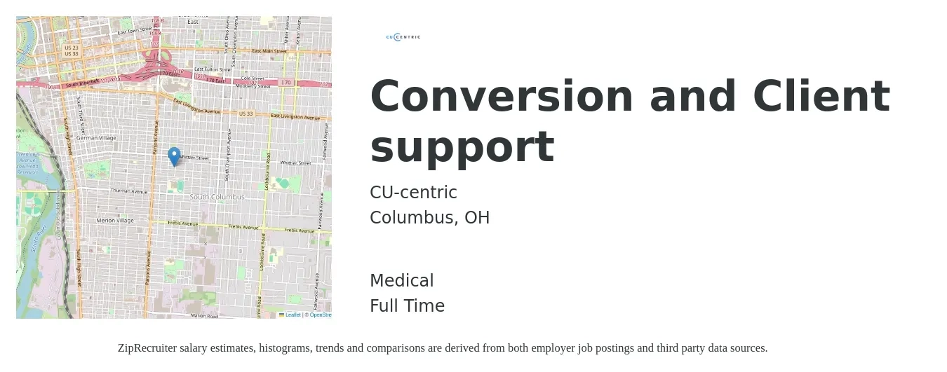 CU-centric job posting for a Conversion and Client support in Columbus, OH with a salary of $63 Hourly and benefits including medical, and retirement with a map of Columbus location.