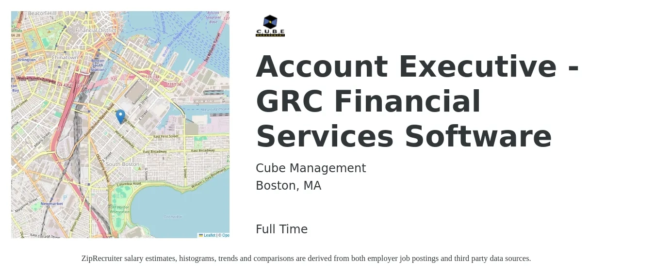 Cube Management job posting for a Account Executive - GRC Financial Services Software in Boston, MA with a salary of $300,000 to $320,000 Yearly with a map of Boston location.