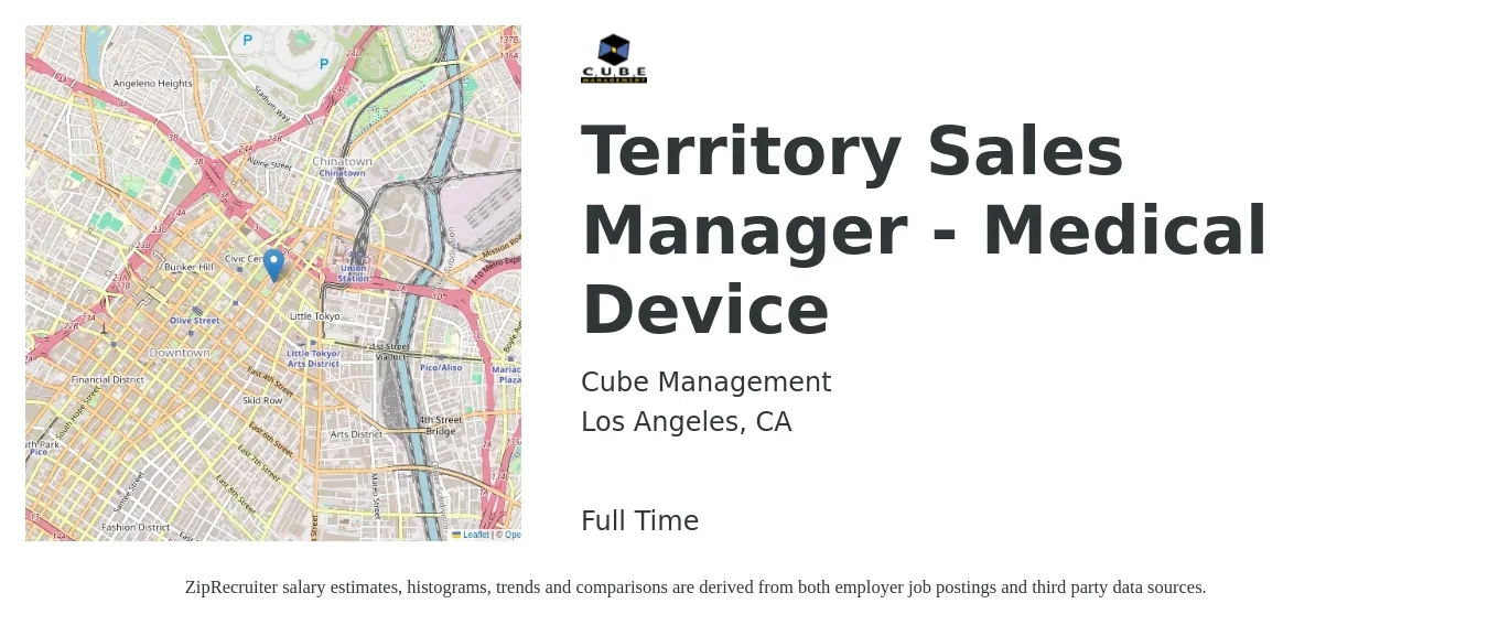 Cube Management job posting for a Territory Sales Manager - Medical Device in Los Angeles, CA with a salary of $70,000 Yearly with a map of Los Angeles location.