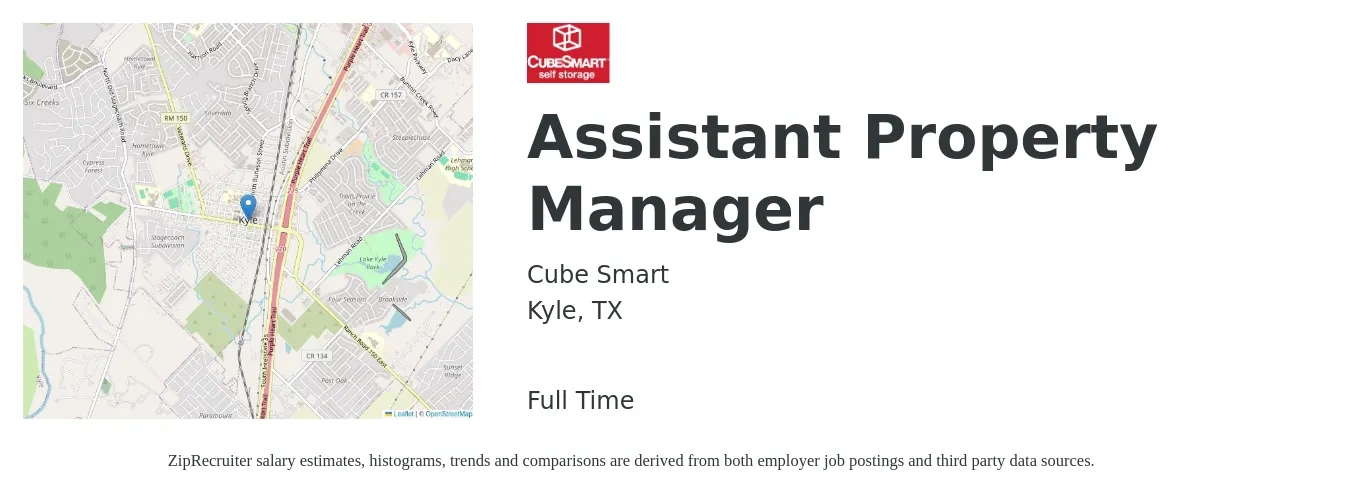 Cube Smart job posting for a Assistant Property Manager in Kyle, TX with a salary of $18 to $24 Hourly with a map of Kyle location.