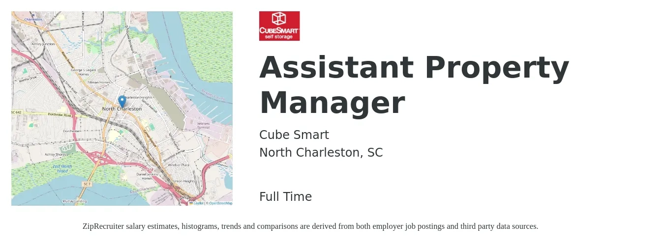 Cubesmart job posting for a Assistant Property Manager in North Charleston, SC with a salary of $18 to $24 Hourly with a map of North Charleston location.